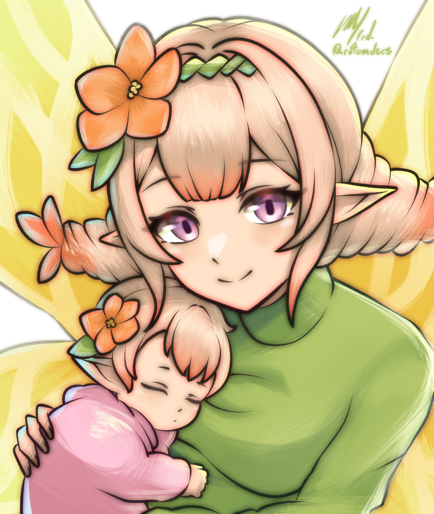 rotomdocs, peony (fire emblem), fire emblem, fire emblem heroes, nintendo, commentary, english commentary, highres, 1girl, 1other, alternate costume, baby, blonde hair, breasts, carrying, carrying baby, carrying person, fairy, fairy wings, flower, gradient hair, green shirt, hair flower, hair ornament, if they mated, looking at viewer, medium breasts, mother and child, multicolored hair, orange flower, orange hair, pointy ears, purple eyes, shirt, short hair, signature, smile, twitter username, wings