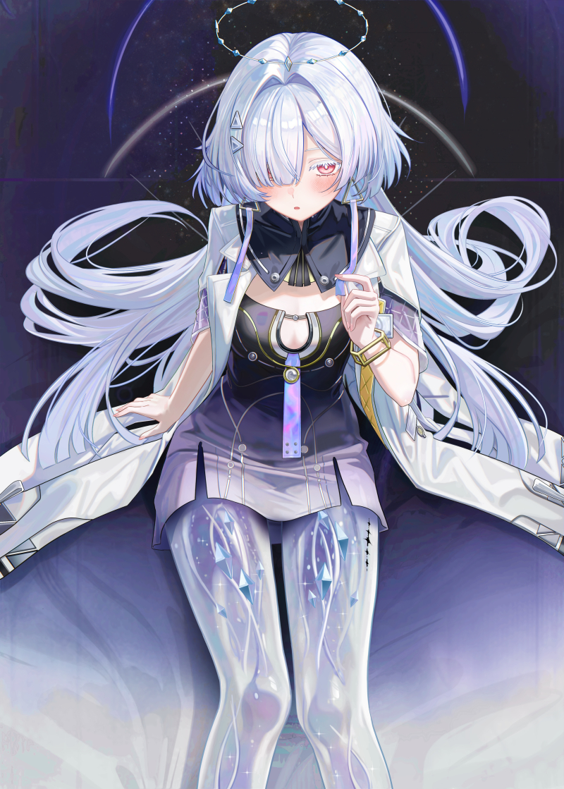 ru zhai, mornye (wuthering waves), wuthering waves, commentary request, paid reward available, revision, 1girl, blush, breasts, colored eyelashes, dress, feet out of frame, fingernails, gradient clothes, gradient dress, hair intakes, hair over one eye, halo, hand up, id card, jacket, long hair, looking at viewer, medium breasts, parted lips, prosthesis, prosthetic leg, purple dress, red eyes, sitting, solo, tacet mark (wuthering waves), very long hair, white jacket