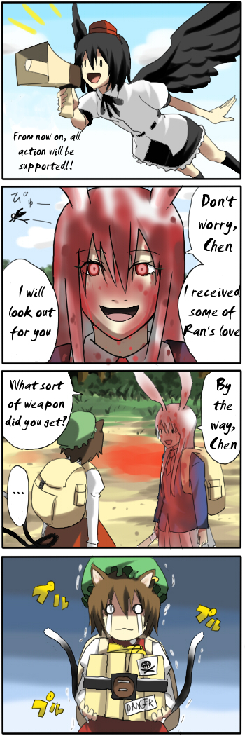 pageratta, chen, reisen udongein inaba, shameimaru aya, touhou, hard-translated, long image, tall image, third-party edit, translated, 4koma, blood, blood drip, blood in hair, blood on clothes, blood on face, bomb, comic, english text, explosive, female focus, holding, holding bomb, shaded face