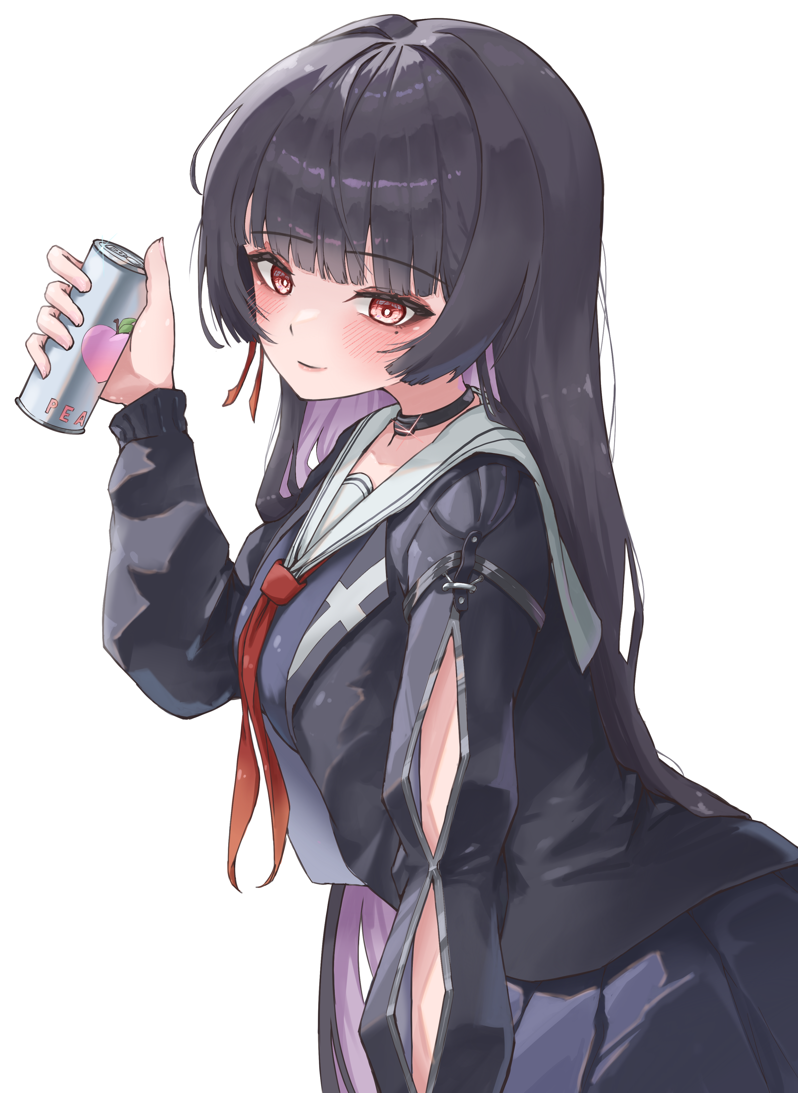 chisa (wuthering waves), wuthering waves, absurdres, commentary, highres, 1girl, arm cutout, black choker, black hair, black jacket, black shirt, black skirt, blush, breasts, can, choker, closed mouth, clothing cutout, drink can, from side, hair ribbon, hand up, hodissi, holding, holding can, jacket, long hair, long sleeves, looking at viewer, medium breasts, mole, mole under eye, neckerchief, red eyes, red neckerchief, red ribbon, ribbon, sailor collar, shirt, simple background, skirt, smile, solo, very long hair, white background, white sailor collar