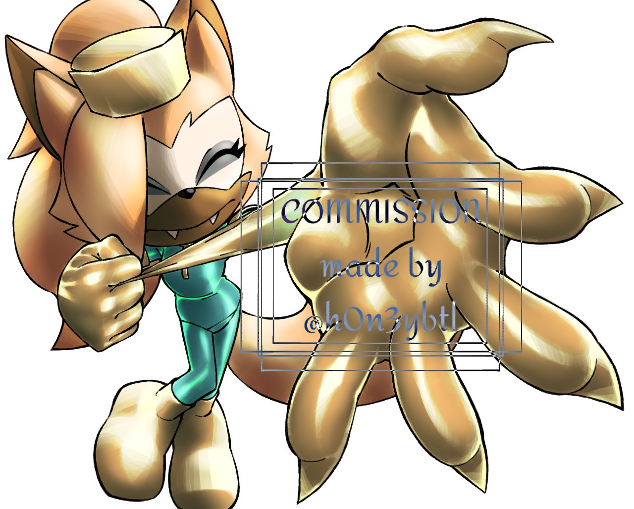 h0n3ybtl, whisper the wolf, sonic (series), sonic the hedgehog (idw), commission, adjusting clothes, adjusting gloves, animal ears, bodysuit, closed eyes, gloves, hat, latex, latex bodysuit, latex gloves, nails visible through gloves, nurse, nurse cap, tail, watermark, wolf ears, wolf tail