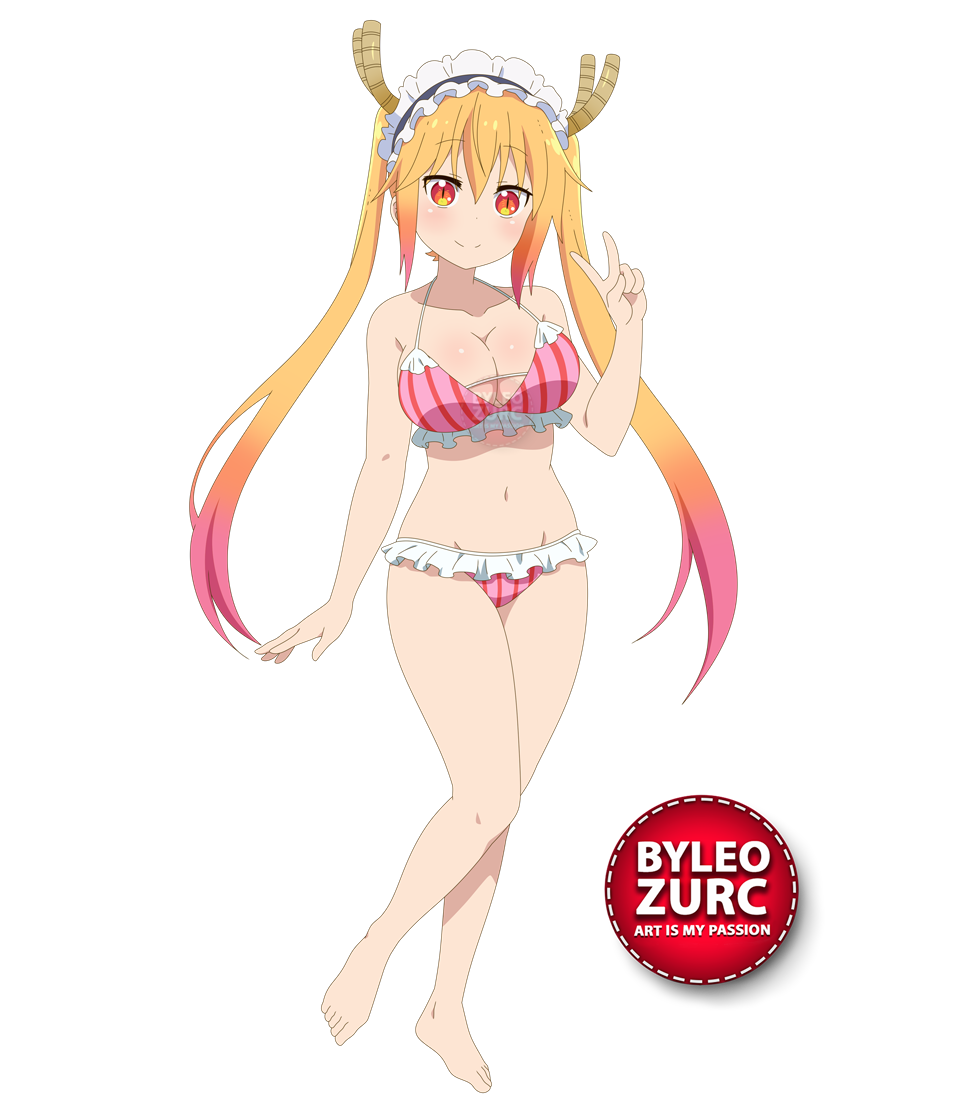leozurcxxx, tohru (maidragon), kobayashi-san chi no maidragon, 1girl, barefoot, bra, breasts, feet, horns, orange eyes, orange hair, panties, smile, solo, swimsuit, transparent background, underwear, v