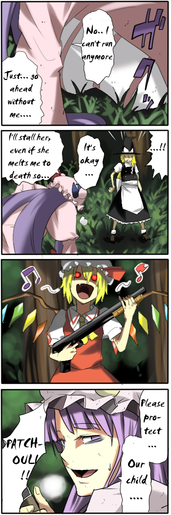 pageratta, flandre scarlet, kirisame marisa, patchouli knowledge, touhou, hard-translated, long image, tall image, third-party edit, translated, 4koma, comic, english text, female focus