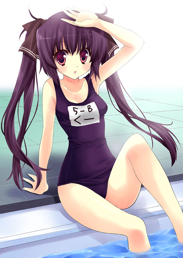 yukiwo, kooh (pangya), pangya, bad id, bad pixiv id, 1girl, black hair, female focus, hair ribbon, long hair, one-piece swimsuit, pool, ribbon, school swimsuit, sitting, solo, swimsuit