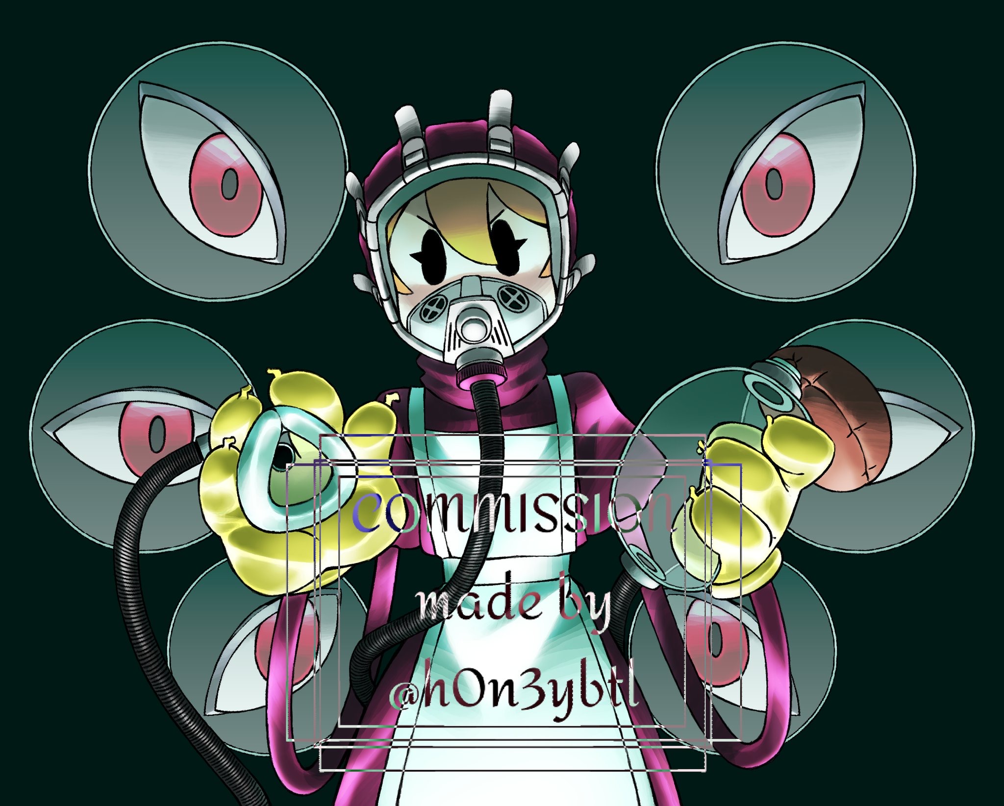 h0n3ybtl, peacock (skullgirls), skullgirls, commission, apron, bodysuit, bubble, disembodied eye, gas mask, gloves, hazmat suit, latex, latex bodysuit, latex gloves, mask, watermark