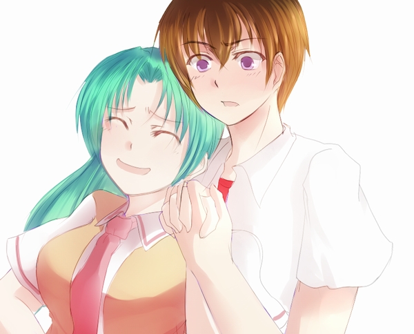 foro (planet cage), o kawa, maebara keiichi, sonozaki mion, higurashi no naku koro ni, bad id, bad pixiv id, 00s, 1boy, 1girl, blush, closed eyes, couple, green hair, hetero, holding hands, long hair, necktie, ponytail, red necktie