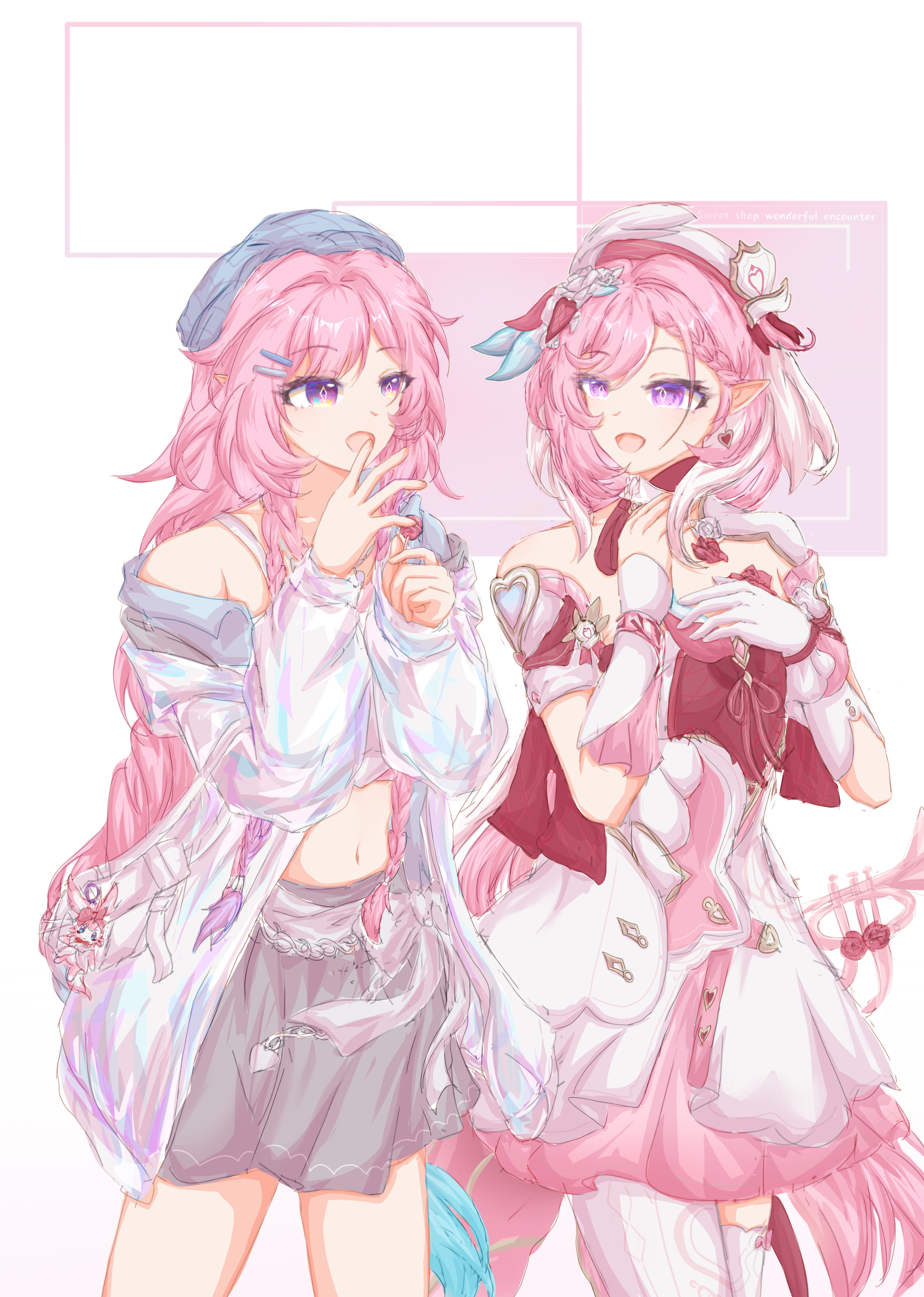 cyrene (honkai: star rail), cyrene (ripples of past reverie) (honkai: star rail), elysia (hi love elf) (honkai impact), elysia (honkai impact), inoue marina, honkai: star rail, honkai (series), honkai impact 3rd, absurdres, chinese commentary, commentary request, highres, 2girls, beret, blue hat, breasts, candy, company connection, crop top, cyrene (nylon japan) (honkai: star rail), diamond-shaped pupils, diamond (shape), dress, earrings, elf, food, gloves, grey skirt, hat, heart, heart earrings, holding, holding candy, holding food, holding lollipop, instrument, jacket, jewelry, lollipop, long hair, medium breasts, midriff, multicolored dress, multicolored hair, multiple girls, navel, ningjing jingzi, official alternate costume, open mouth, pink dress, pink hair, pointy ears, purple eyes, red dress, simple background, single glove, skirt, symbol-shaped pupils, thighhighs, trumpet, two-tone hair, very long hair, voice actor connection, white dress, white gloves, white hair, white jacket, white thighhighs, yanning