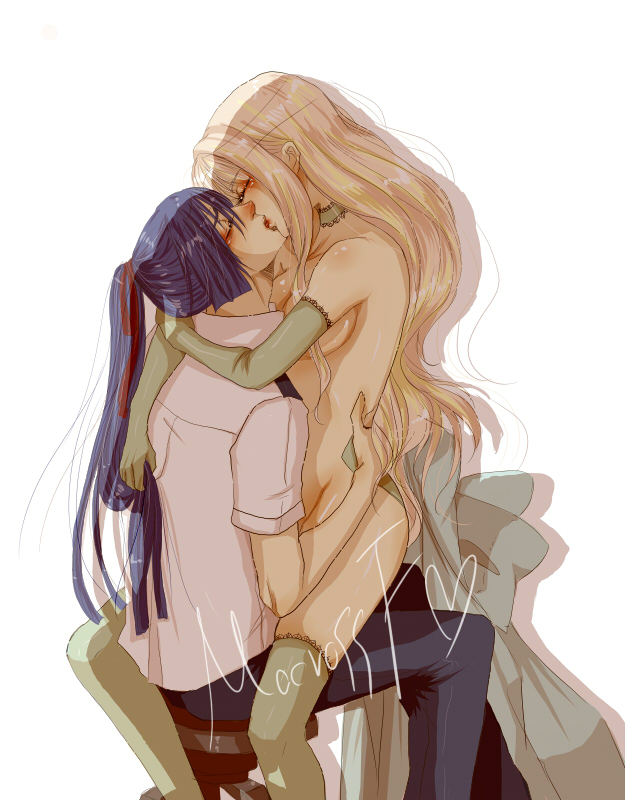 saotome alto, sharan, sheryl nome, macross, macross frontier, bad id, bad pixiv id, 00s, 1boy, 1girl, blonde hair, blue hair, breasts, closed eyes, clothed male nude female, couple, hetero, kiss, long hair, nude, straddling, thighhighs