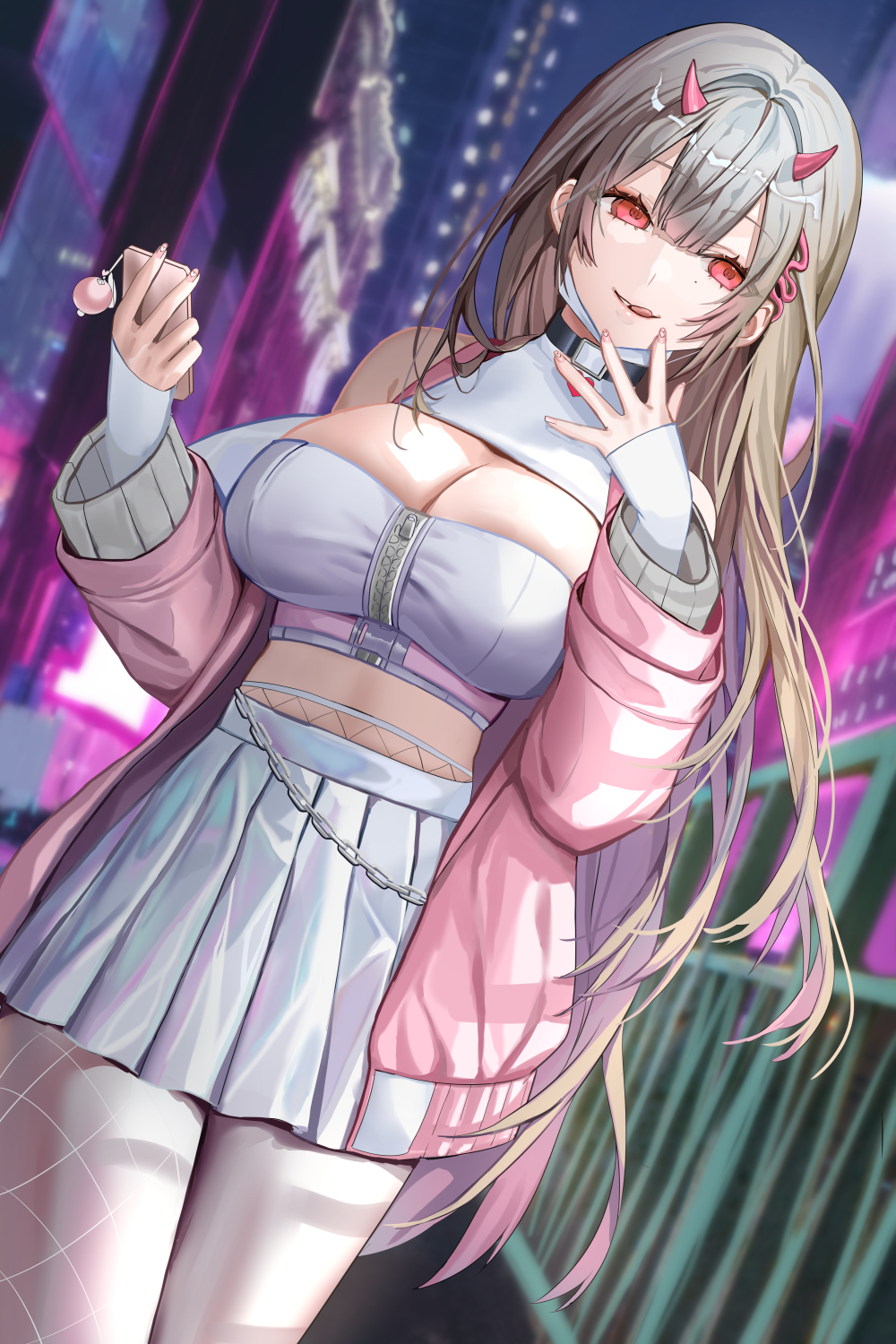 lloule, viper (nikke), goddess of victory: nikke, commentary, highres, symbol-only commentary, 1girl, black choker, breasts, brown hair, cellphone, choker, cleavage, cowboy shot, crop top, fishnet pantyhose, fishnets, holding, holding phone, horns, jacket, large breasts, long hair, mask pull, mole, mole under eye, nail polish, open clothes, open jacket, outdoors, pantyhose, phone, pink jacket, red eyes, skirt, smartphone, solo, tongue, very long hair, white mask, white skirt, zipper