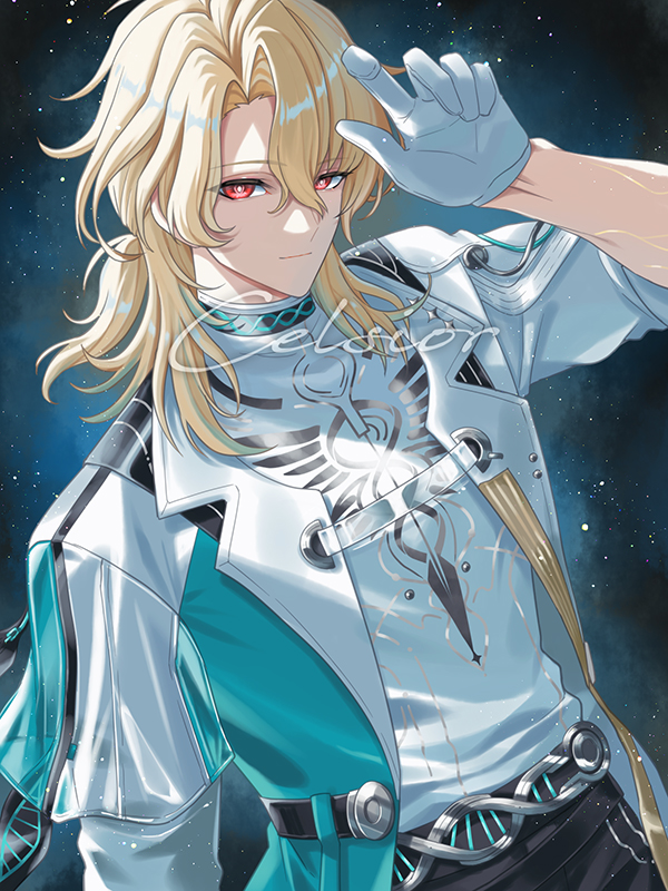 cinquecento, luuk herssen (wuthering waves), wuthering waves, commentary request, 1boy, black gloves, blonde hair, bright pupils, coat, gloves, hair between eyes, looking at viewer, male focus, multicolored hair, red eyes, shirt, signature, solo, streaked hair, upper body, white coat, white pupils, white shirt