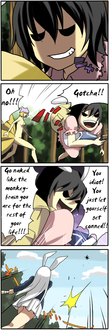 pageratta, inaba tewi, reisen udongein inaba, yakumo ran, iosys, touhou, hard-translated, long image, tall image, third-party edit, translated, 4koma, comic, english text, female focus, nude, parody