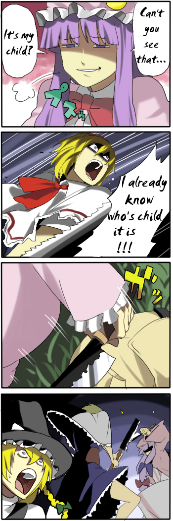 pageratta, alice margatroid, kirisame marisa, patchouli knowledge, school days, touhou, hard-translated, long image, tall image, third-party edit, translated, 3girls, 4koma, comic, english text, female focus, multiple girls, parody