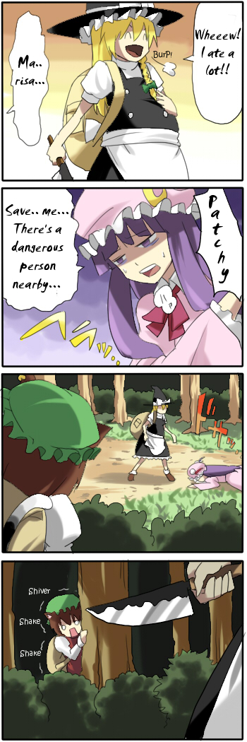 pageratta, chen, kirisame marisa, patchouli knowledge, touhou, hard-translated, long image, tall image, third-party edit, translated, 4koma, comic, english text, female focus