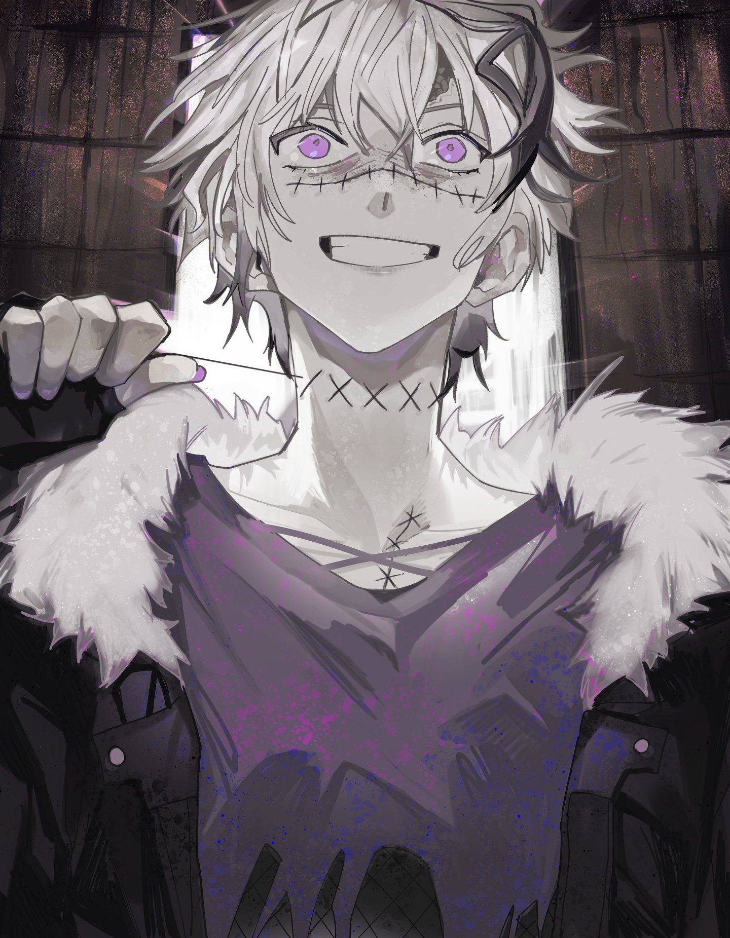 soyaka, flower (vocaloid), vocaloid, commentary request, highres, 1girl, androgynous, black gloves, black hair, black jacket, fingerless gloves, fur-trimmed jacket, fur trim, gloves, grin, jacket, nisemono ningen 40 gou (vocaloid), pale skin, purple eyes, purple nails, purple shirt, shirt, smile, solo, stitched neck, stitches, string, upper body, white hair