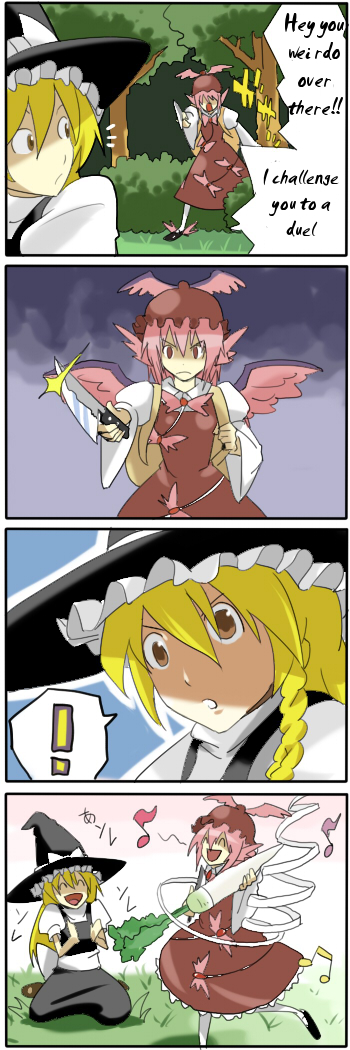 pageratta, kirisame marisa, mystia lorelei, touhou, hard-translated, long image, tall image, third-party edit, translated, !, 2girls, 4koma, blonde hair, clapping, comic, daikon, dancing, english text, female focus, good end, kneeling, multiple girls, music, musical note, radish, singing