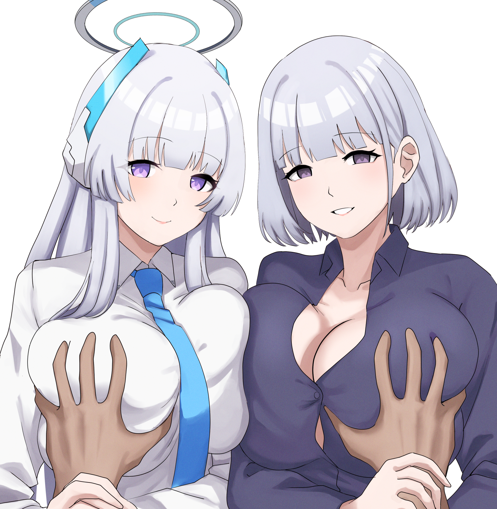 cyka, noa (blue archive), rpk-16 (girls' frontline), blue archive, girls' frontline, commentary, highres, symbol-only commentary, 2girls, blue necktie, breasts, business suit, collared shirt, formal clothes, grabbing another's breast, grey hair, groping, guided breast grab, guiding hand, halo, headgear, holding another's wrist, large breasts, long hair, looking at viewer, mechanical halo, medium hair, multiple girls, necktie, pov, purple eyes, shirt, smile, suit, white background, white hair, white halo, white shirt