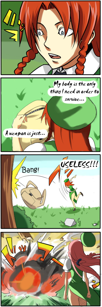 pageratta, hong meiling, touhou, hard-translated, long image, tall image, third-party edit, translated, 1girl, 4koma, china dress, chinese clothes, comic, dress, english text, explosion, failure, female focus, long hair, solo, very long hair