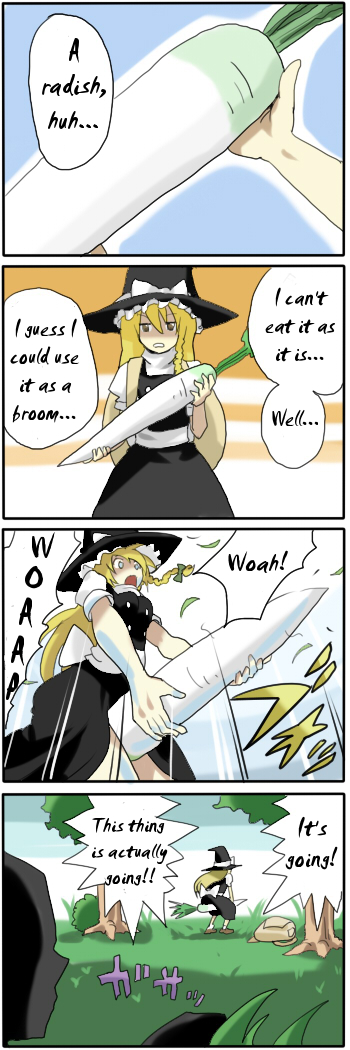 pageratta, kirisame marisa, touhou, hard-translated, long image, tall image, third-party edit, translated, 4koma, comic, english text, female focus, food