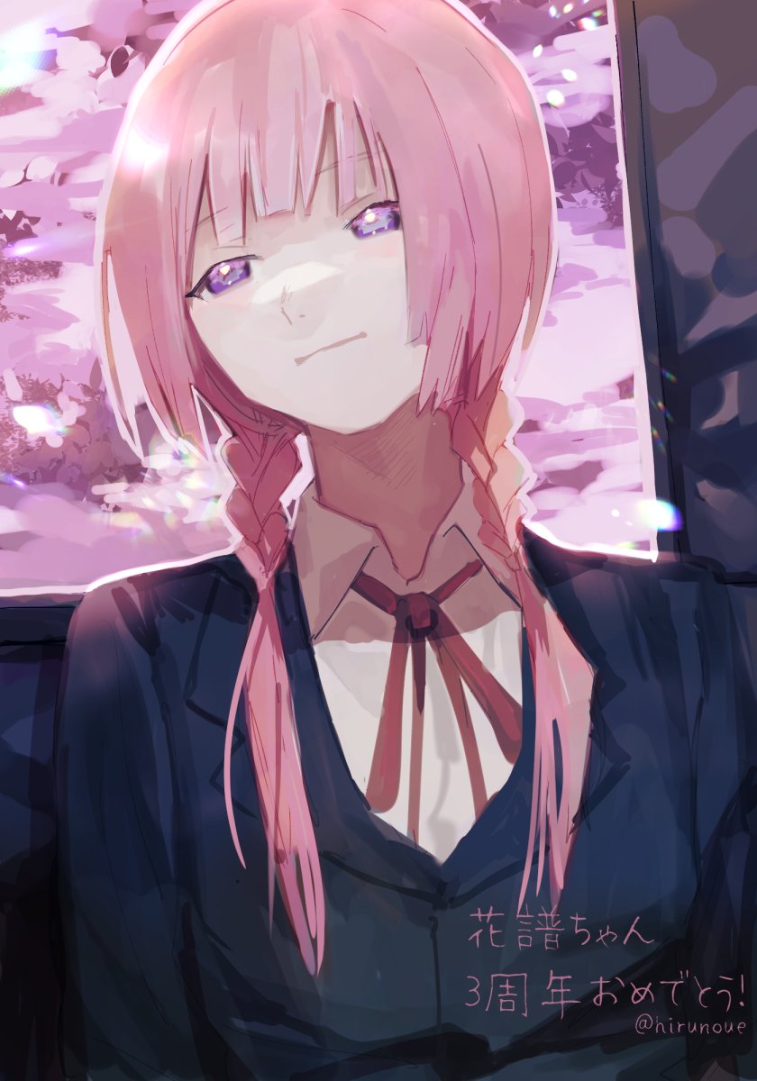soyaka, kaf (kamitsubaki studio), kamitsubaki studio, commentary, highres, translation request, 1girl, black jacket, braid, jacket, light smile, looking to the side, low twin braids, neck ribbon, pink hair, purple eyes, red ribbon, ribbon, solo, twin braids, twitter username, upper body
