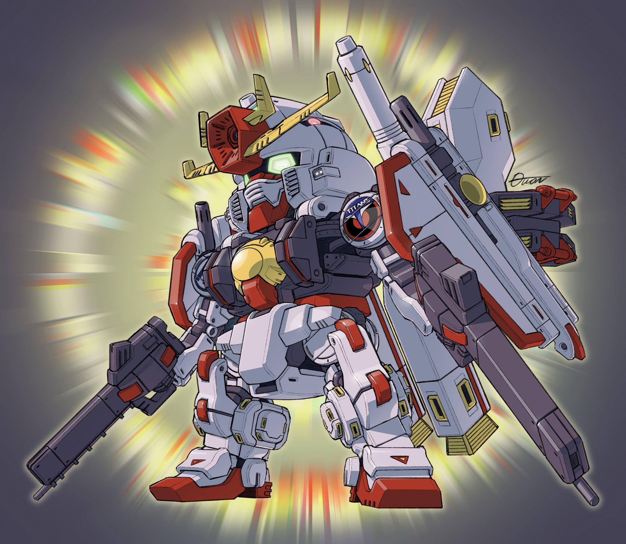 toilobo, gundam, gundam thunderbolt, sd gundam, commentary, english commentary, highres, spoilers, chibi, full body, glowing, glowing eyes, green eyes, grey background, gun, holding, holding gun, holding weapon, mecha, mobile suit, no humans, robot, science fiction, signature, solo, thunderbolt gundam, v-fin, weapon
