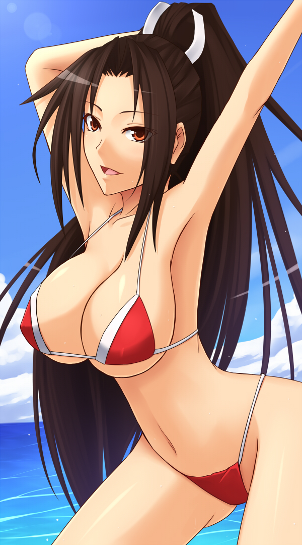 akitsuki karasu, shiranui mai, fatal fury, snk, the king of fighters, 1girl, armpits, bikini, black hair, breasts, brown eyes, brown hair, cleavage, cloud, day, female focus, large breasts, long hair, navel, ocean, outdoors, ponytail, red bikini, red eyes, sky, solo, swimsuit, underboob, very long hair, water