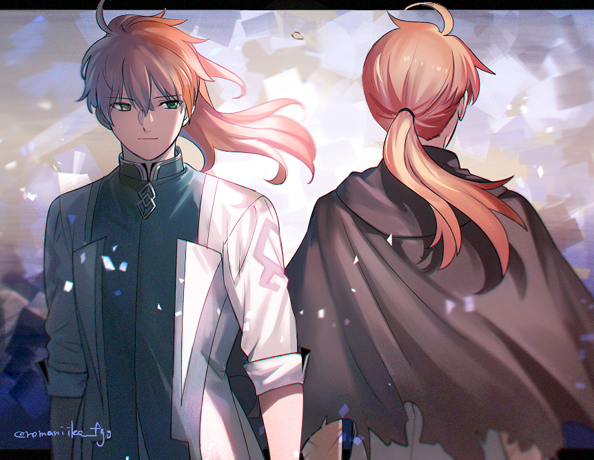 aki (neyuki41028), romani archaman, fate/grand order, fate (series), 2boys, ahoge, arms at sides, blurry, brown cape, cape, chaldea logo, chaldea no mono, chaldea uniform, closed mouth, coat, depth of field, gold ring, green coat, green eyes, hair between eyes, hood, hooded cape, jewelry, letterboxed, light smile, long hair, looking to the side, low ponytail, male focus, multicolored coat, multiple boys, orange hair, outside border, ponytail, ring, scar, scar on arm, sleeves rolled up, torn cape, torn clothes, twitter username, two-tone coat, white coat