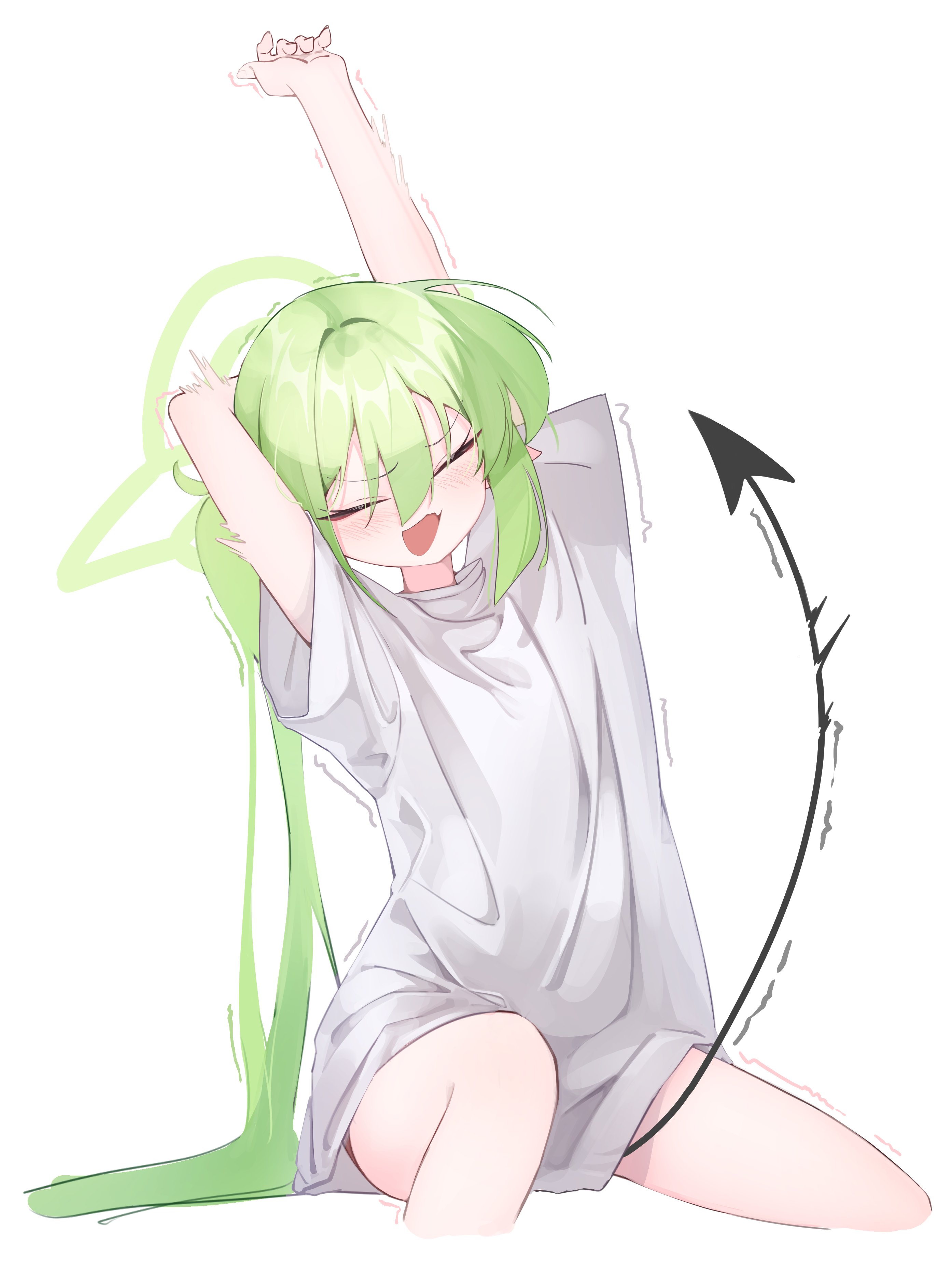 nozomi (blue archive), blue archive, absurdres, commentary request, highres, between legs, blush, closed eyes, demon tail, fang, green hair, halo, long hair, open mouth, oversized clothes, oversized shirt, pfiff, pointy ears, shirt, simple background, sitting, skin fang, stretching, tail, tail between legs, twintails