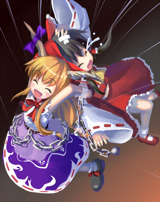 takoyaki (roast), hakurei reimu, ibuki suika, touhou, eyebrows, 2girls, bandaid, black hair, bow, bowtie, chain, closed eyes, crossed bandaids, female focus, horn bow, horn ornament, horn ribbon, horns, mary janes, multiple girls, open mouth, orange hair, ribbon, ribbon trim, shoes, sidelocks, sleeveless, smile, tears, wide sleeves