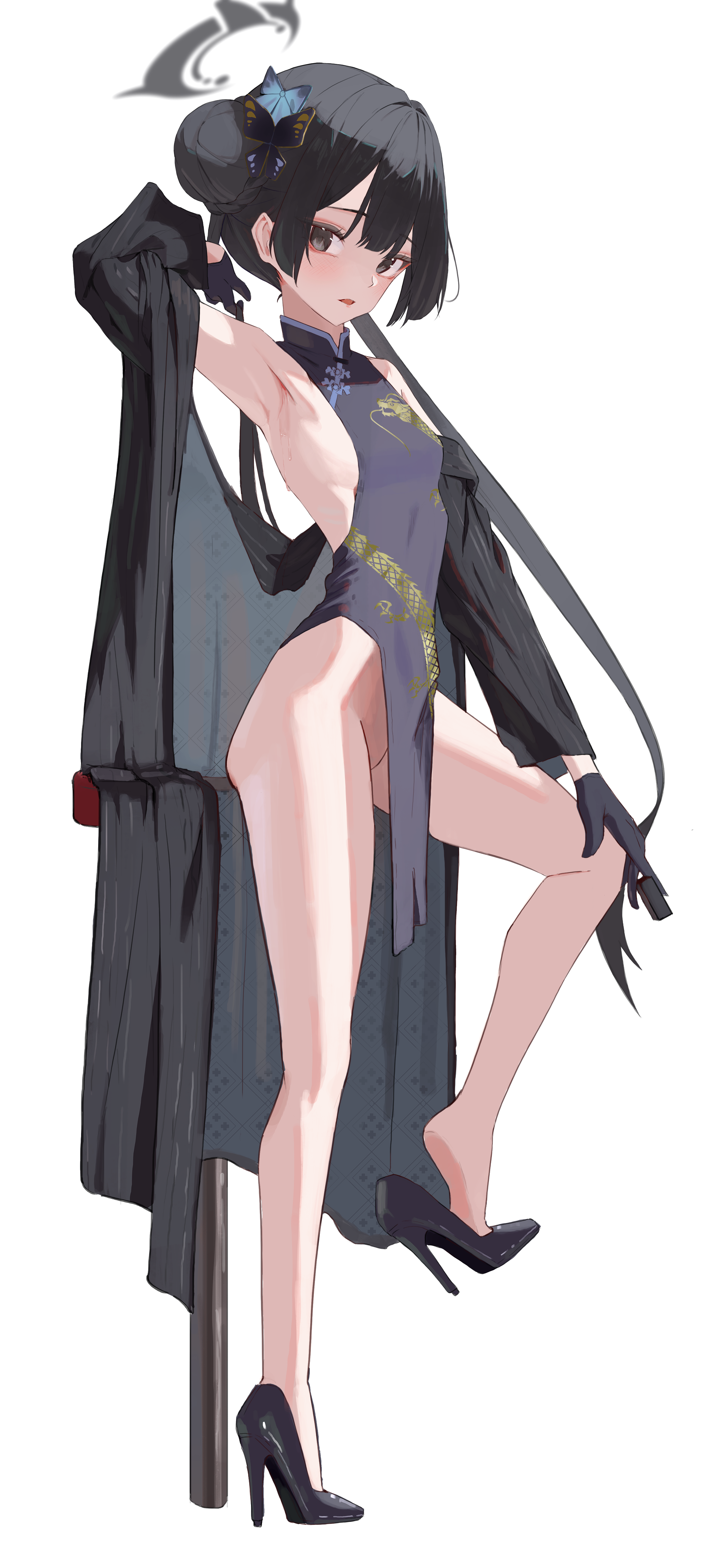banpen, kisaki (blue archive), blue archive, absurdres, commentary request, highres, 1girl, arm behind head, armpits, black gloves, black hair, braid, braided bun, breasts, butterfly hair ornament, china dress, chinese clothes, coat, dragon print, dress, from side, full body, gloves, grey eyes, grey halo, hair bun, hair ornament, halo, hand on own knee, high heels, looking at viewer, no panties, open clothes, open coat, pelvic curtain, pinstripe jacket, pinstripe pattern, print dress, small breasts, solo, striped coat, vertical-striped coat