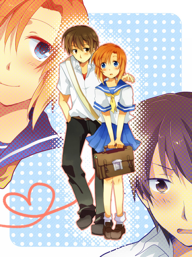 takana (nanao), maebara keiichi, ryuuguu rena, higurashi no naku koro ni, 00s, 1boy, 1girl, bag, blue eyes, blush, brown hair, couple, hetero, orange hair, school uniform, serafuku, smile