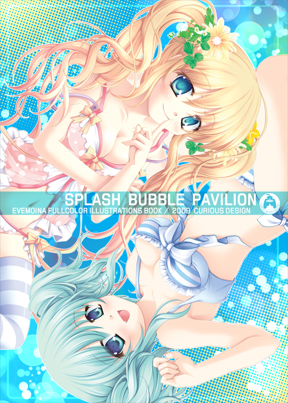 evemoina, original, striped legwear, 2girls, bikini, blonde hair, blue eyes, blue hair, flower, multiple girls, smile, strawberry blossoms, striped clothes, striped thighhighs, swimsuit, thighhighs, twintails