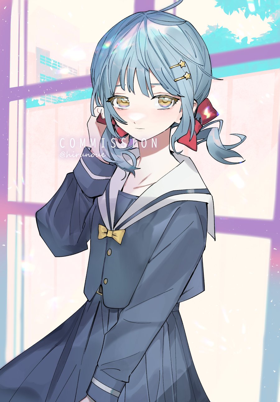 soyaka, original, commentary request, commission, highres, skeb commission, 1girl, black serafuku, black skirt, blue hair, bow, cowboy shot, hair bow, hair ornament, hairclip, long skirt, long sleeves, low twintails, red bow, sailor collar, school uniform, serafuku, skirt, solo, star (symbol), star hair ornament, twintails, twitter username, watermark, white sailor collar, yellow bow, yellow eyes