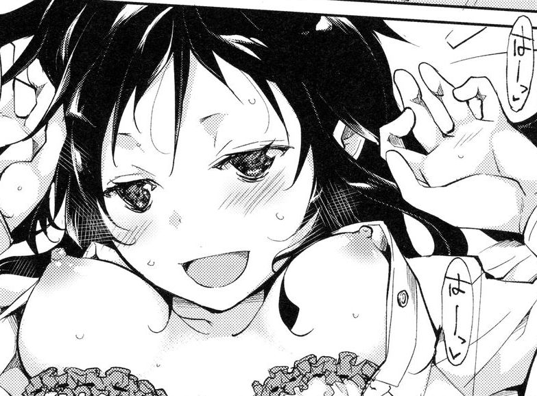 suzuki nago, sakura mamiya (syoujo m), original, non-web source, 1girl, black hair, blush, bra, bra pull, breasts, breasts apart, breasts out, clothes pull, collared shirt, frilled bra, frills, greyscale, hair between eyes, half-closed eyes, indoors, long hair, long sleeves, looking at viewer, lying, monochrome, on back, on bed, open clothes, open mouth, open shirt, partially undressed, portrait, shirt, small breasts, smile, solo, speech bubble, underwear