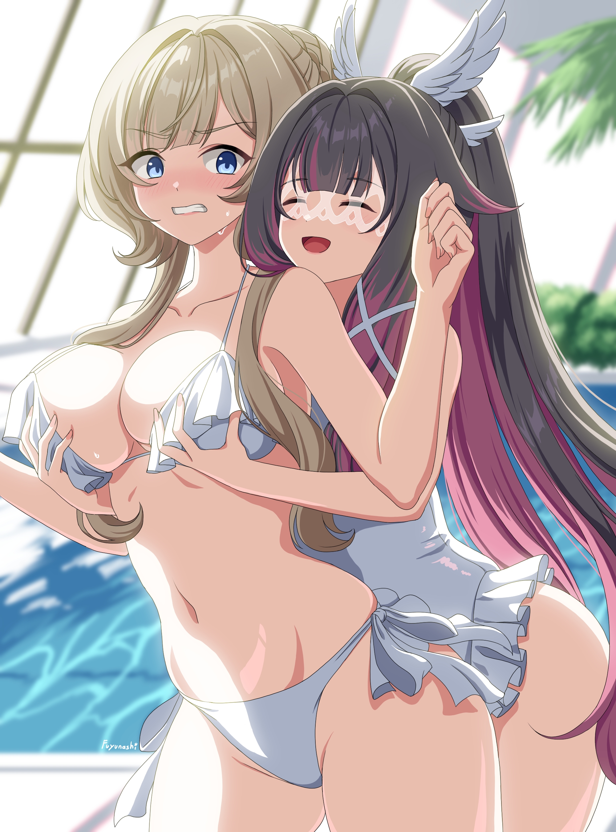 fuyunash1, columbina (genshin impact), sandrone (genshin impact), genshin impact, absurdres, commentary request, highres, 2girls, ^ ^, alternate costume, artist name, bare shoulders, bikini, black hair, blue eyes, blush, breasts, brown hair, cleavage, clenched teeth, closed eyes, collarbone, fingernails, grabbing another's breast, grabbing from behind, groping, indoors, long hair, medium breasts, multicolored hair, multiple girls, navel, one-piece swimsuit, open mouth, purple hair, side-tie bikini bottom, stomach, swimsuit, teeth, very long hair, white bikini, white one-piece swimsuit, yuri