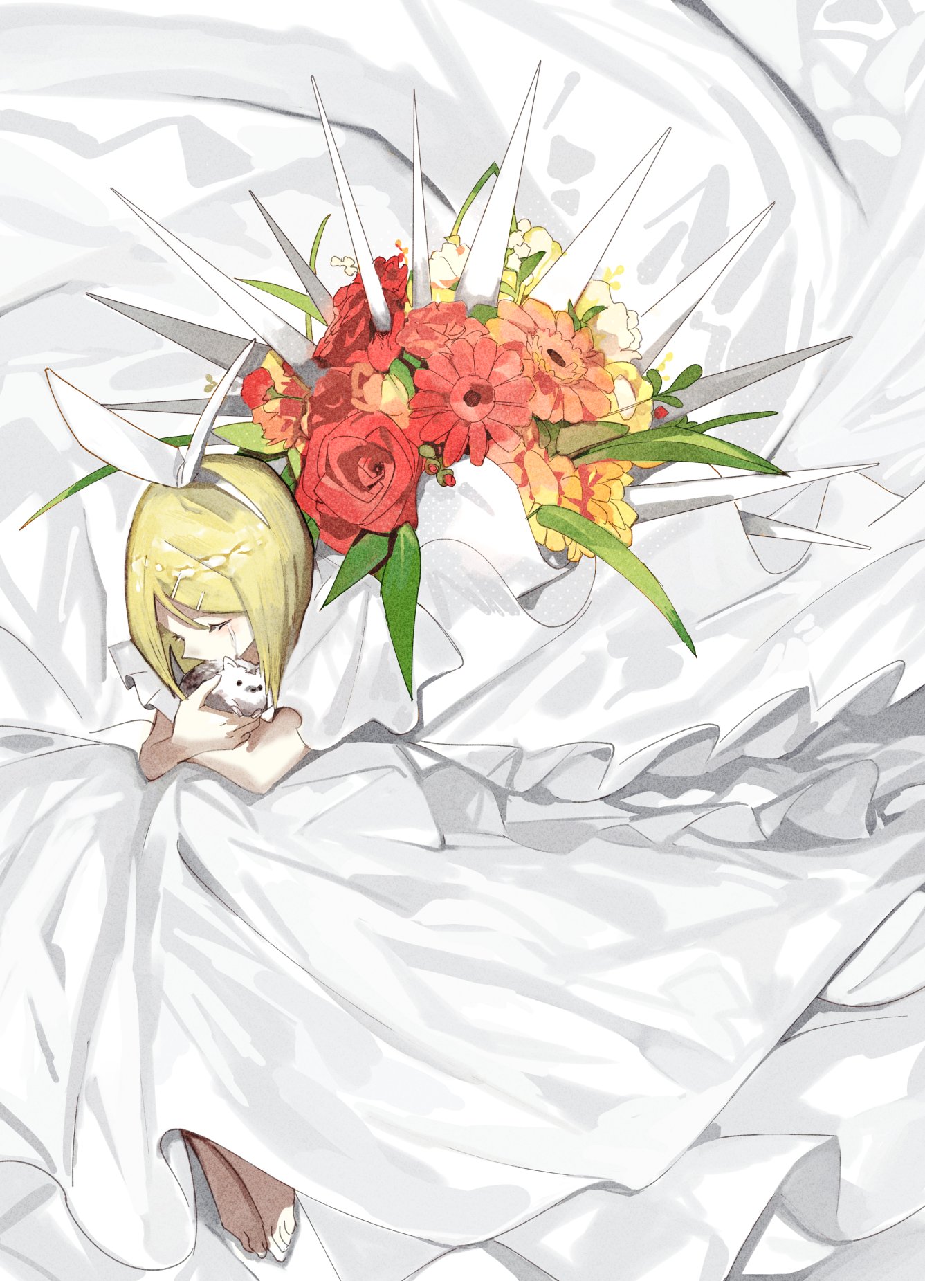 soyaka, kagamine rin, vocaloid, commentary request, highres, 1girl, animal, barefoot, blonde hair, closed eyes, crying, dress, film grain, flower, hair ornament, hairpin, hedgehog, hedgehog (vocaloid), holding, holding animal, long dress, solo, spikes, streaming tears, tears, white dress, white hair