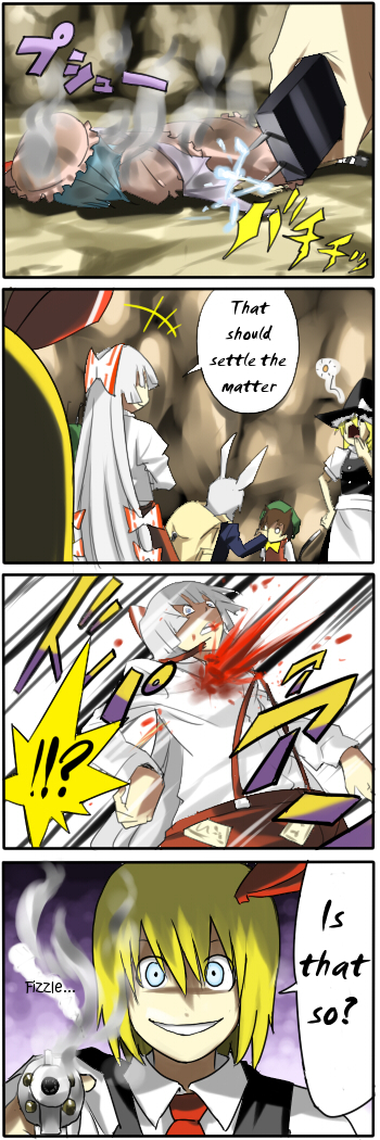 pageratta, chen, fujiwara no mokou, kirisame marisa, reisen udongein inaba, remilia scarlet, rumia, shoot the bullet, touhou, hard-translated, long image, tall image, third-party edit, translated, 4koma, 6+girls, blonde hair, blood, comic, english text, female focus, gun, handgun, is that so, multiple girls, revolver, stun gun, taser, weapon