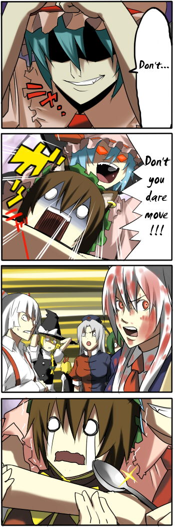 pageratta, chen, fujiwara no mokou, kirisame marisa, reisen udongein inaba, remilia scarlet, rumia, wriggle nightbug, yagokoro eirin, touhou, silver hair, hard-translated, long image, tall image, third-party edit, translated, 4koma, 6+girls, animal ears, antennae, blonde hair, blood, blue hair, bow, braid, breasts, brown hair, cat ears, cat girl, comic, cross, earrings, english text, fang, female focus, green hair, hair bow, hat, hat bow, jewelry, medium breasts, multiple girls, necktie, o o, open mouth, red eyes, single earring, spoon, tears, wings, witch hat