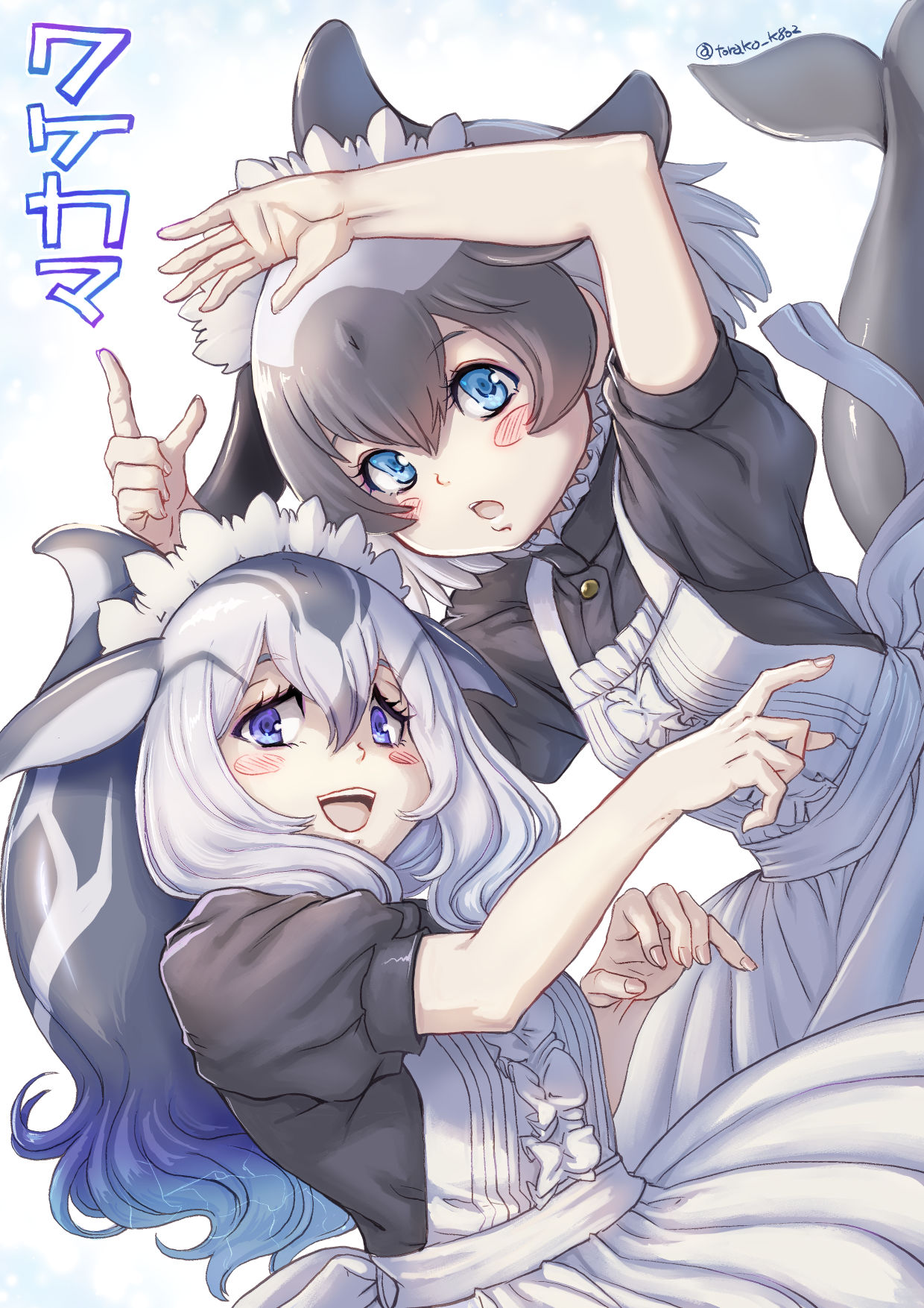 kosai takayuki, commerson's dolphin (kemono friends), pacific white-sided dolphin (kemono friends), kemono friends, kemono friends 3, commentary request, highres, 2girls, apron, arms up, black hair, blue eyes, blush, cetacean tail, dolphin girl, fins, fish tail, grey hair, head fins, long hair, looking at viewer, maid, maid apron, maid headdress, multiple girls, short hair, simple background, tail