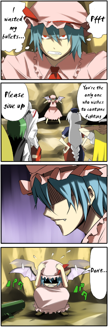 pageratta, fujiwara no mokou, kirisame marisa, remilia scarlet, wriggle nightbug, yagokoro eirin, touhou, silver hair, hard-translated, long image, tall image, third-party edit, translated, 4koma, 5girls, antennae, blonde hair, blue hair, cape, charisma guard, comic, cowering, dress, english text, fang, female focus, frills, from behind, green hair, hand in pocket, hands on own hips, hat, long hair, multiple girls, red eyes, squatting, wings