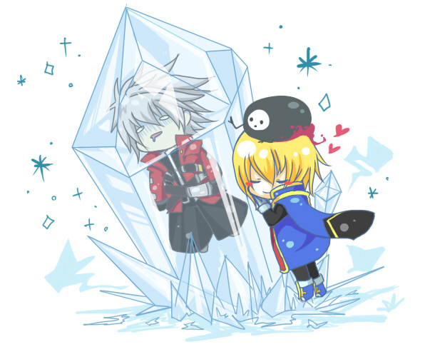 arakune, kisaragi jin, ragna the bloodedge, arc system works, blazblue, blazblue: calamity trigger, blue footwear, 2boys, belt, black pants, blush, blush stickers, boots, frozen, heart, ice, male focus, multiple boys, o o, pants