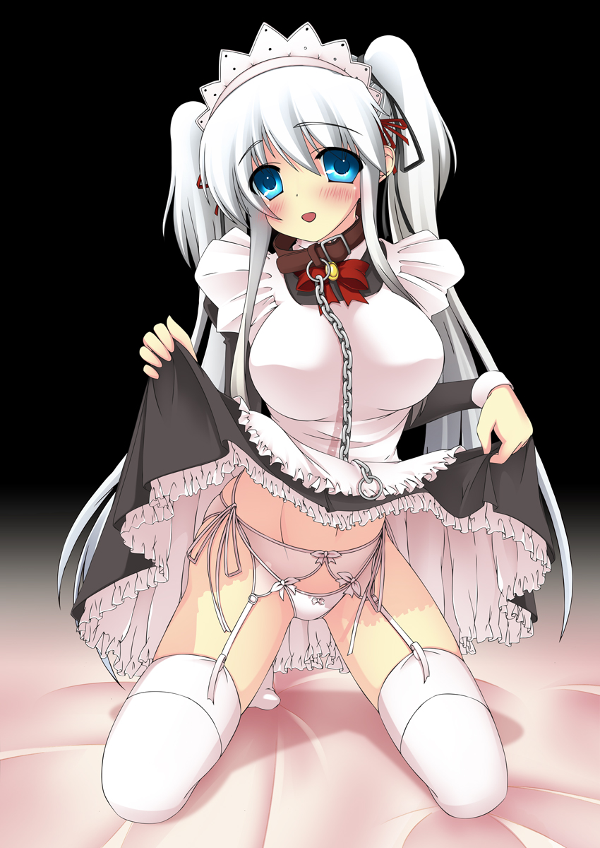 umitsubame, nao (mabinogi), mabinogi, self exposure, highres, 1girl, bdsm, blue eyes, blush, bondage, bound, breasts, chain, clothes lift, collar, female focus, garter belt, large breasts, maid, navel, panties, pantyshot, side-tie panties, skirt, skirt lift, solo, thighhighs, twintails, underwear, upskirt, white hair, white panties, white thighhighs