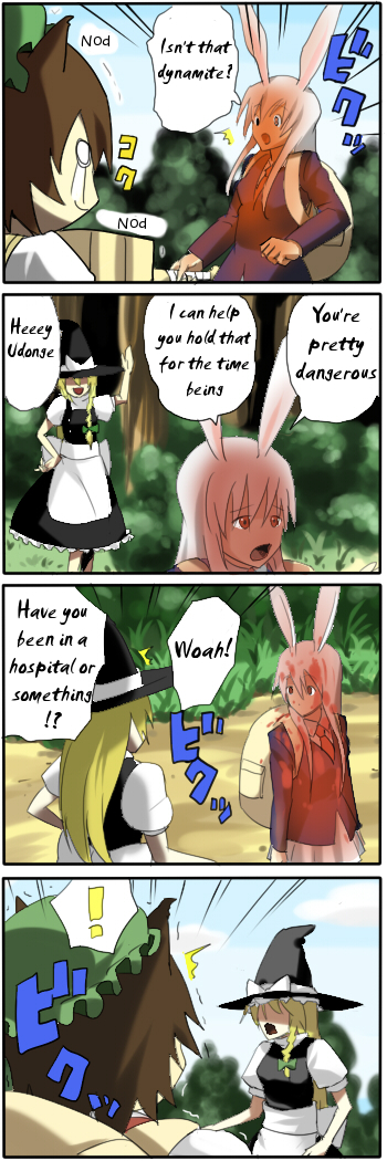 pageratta, chen, kirisame marisa, reisen udongein inaba, touhou, hard-translated, long image, tall image, third-party edit, translated, 4koma, comic, english text, female focus
