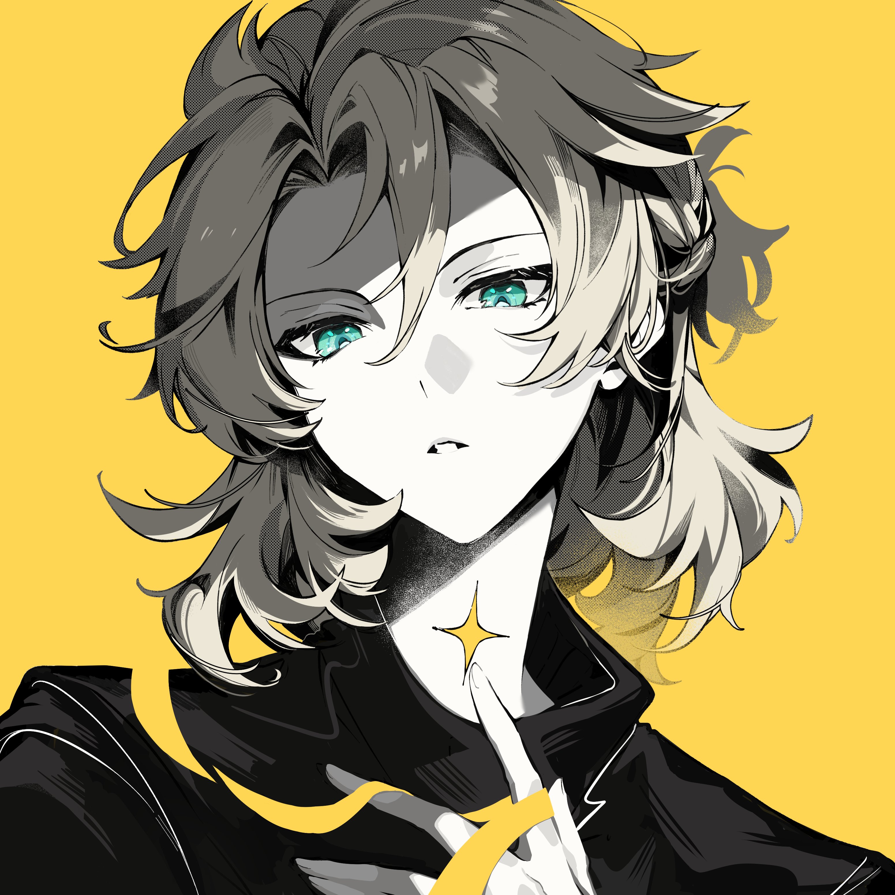 c ixxp, albedo (genshin impact), genshin impact, absurdres, commentary, hashtag-only commentary, highres, 1boy, aqua eyes, black shirt, finger to neck, fingernails, hand up, looking at viewer, male focus, medium hair, parted lips, partially colored, portrait, ribbon, scar, scar on face, shirt, simple background, solo, star (symbol), yellow background, yellow ribbon