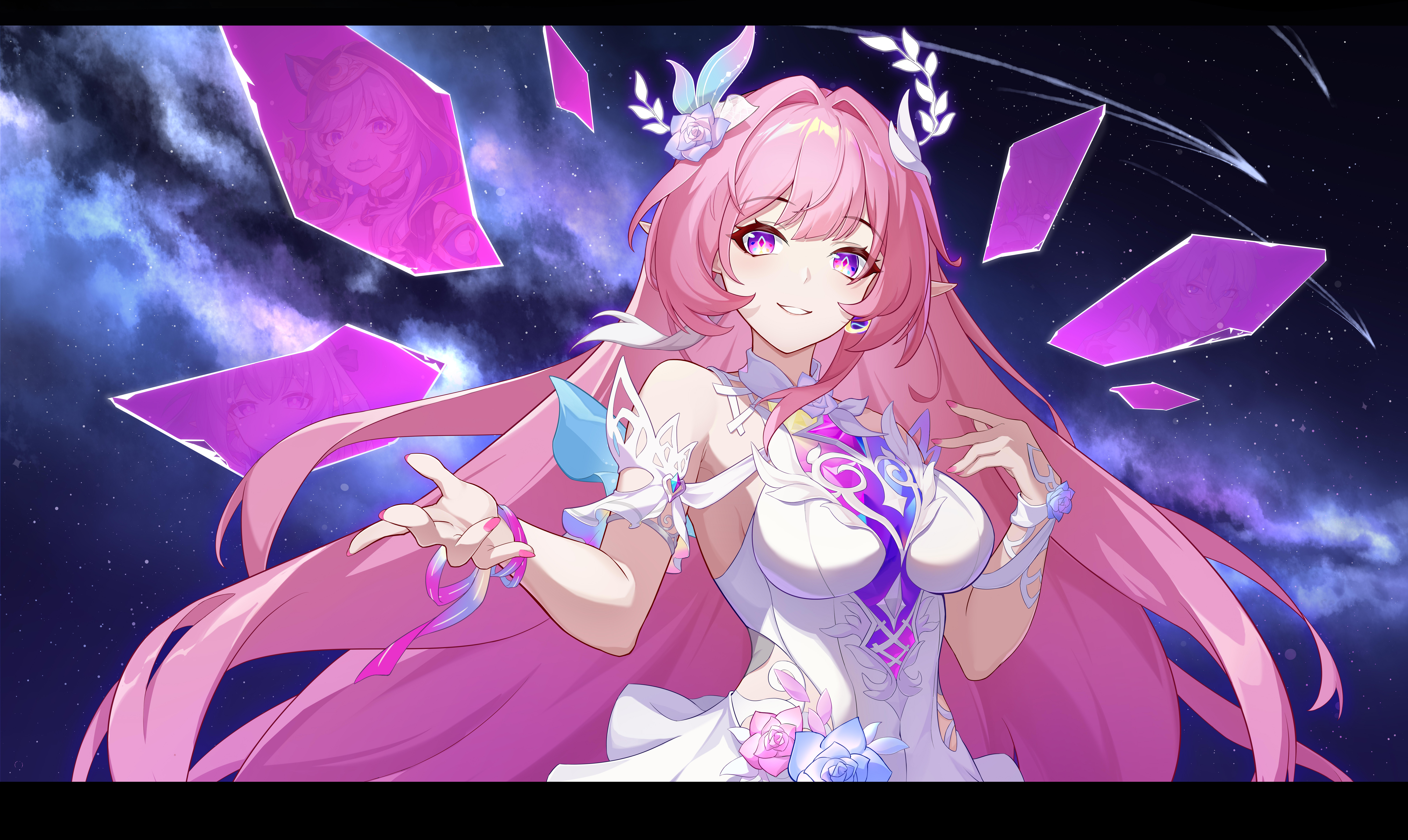 castorice (honkai: star rail), cipher (honkai: star rail), cyrene (honkai: star rail), cyrene (ripples of past reverie) (honkai: star rail), phainon (honkai: star rail), honkai: star rail, honkai (series), absurdres, commentary request, highres, 1girl, bare shoulders, breasts, cjkpsea, diamond-shaped pupils, diamond (shape), dress, earrings, flower, hair flower, hair ornament, jewelry, large breasts, letterboxed, long hair, multicolored hair, pink hair, pointy ears, purple eyes, sky, smile, solo, star (sky), starry sky, symbol-shaped pupils, two-tone hair, very long hair, white dress, white hair