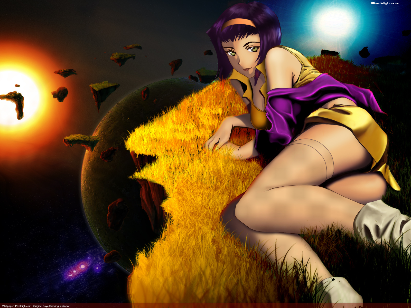 faye valentine, cowboy bebop, highres, 1990s (style), 1girl, ass, female focus, green eyes, hairband, lying, outdoors, purple hair, retro artstyle, scarf, solo, space, thighhighs, watermark