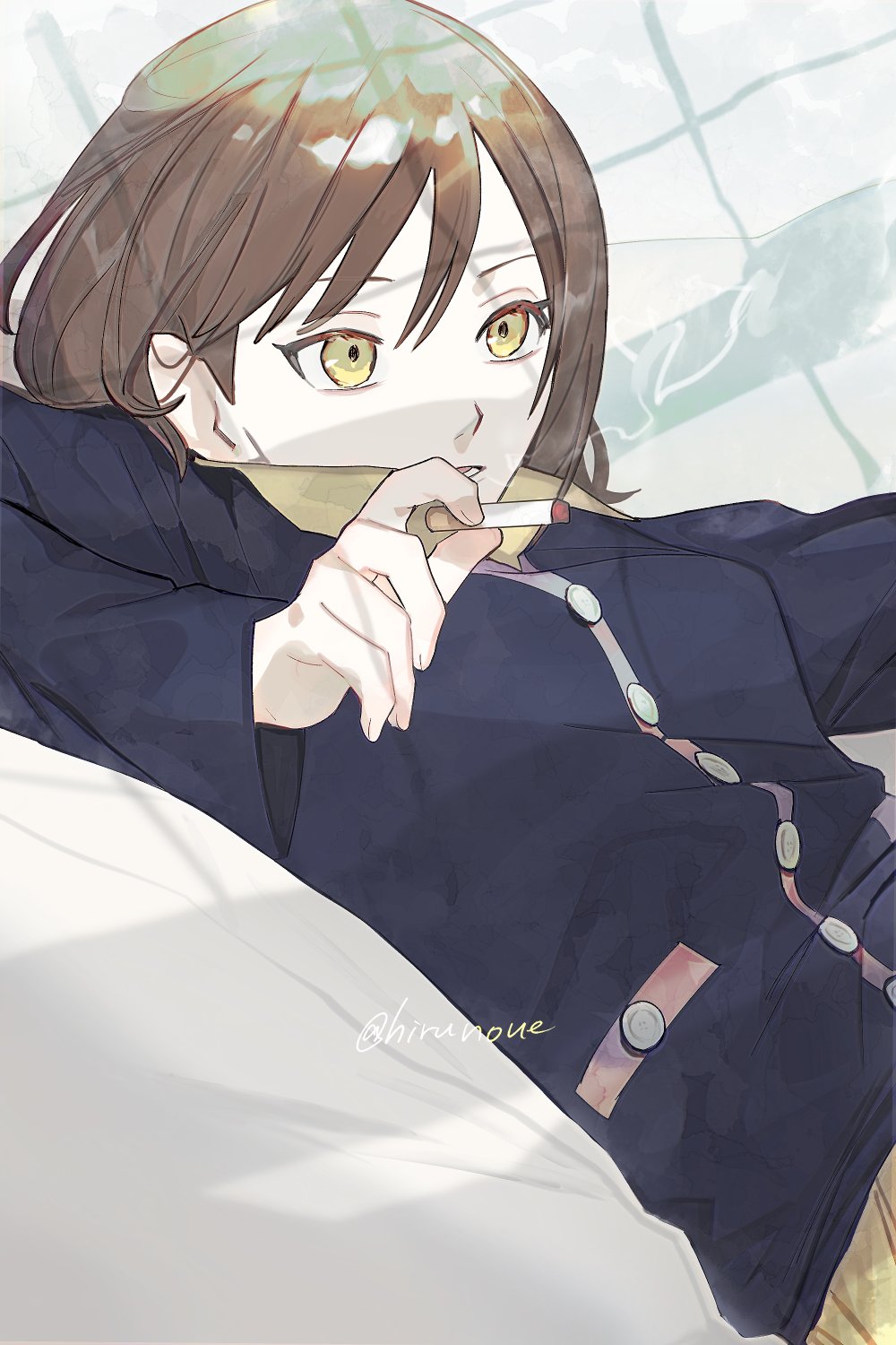 soyaka, original, commentary request, highres, 1girl, arm rest, black jacket, brown hair, cigarette, holding, holding cigarette, jacket, leaning back, open mouth, sitting, smoke, solo, swimsuit, twitter username, upper body, yellow eyes