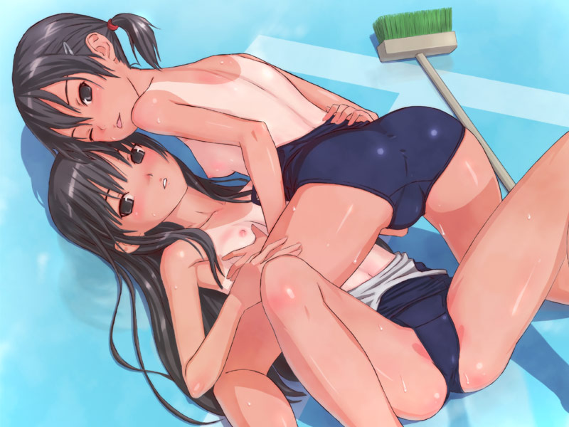 shimano natsume, original, 2girls, ;q, black eyes, black hair, breasts, broom, clothes pull, empty pool, grabbing another's breast, groping, hair ornament, hairclip, loli, looking back, medium breasts, multiple girls, nipples, one-piece swimsuit, one-piece swimsuit pull, one-piece tan, one eye closed, pool, school swimsuit, shadow, shiny clothes, shiny skin, small breasts, spread legs, swimsuit, take your pick, tan, tanline, tongue, tongue out, topless female, wink, yuri