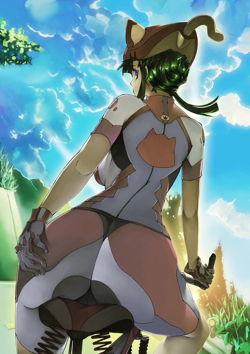 bh001, wretch, original, bad id, bad pixiv id, highres, 1girl, ass, bicycle, blue eyes, bodysuit, breasts, cameltoe, female focus, gloves, grabbing own ass, green hair, helmet, huge ass, large breasts, looking back, sideboob, solo