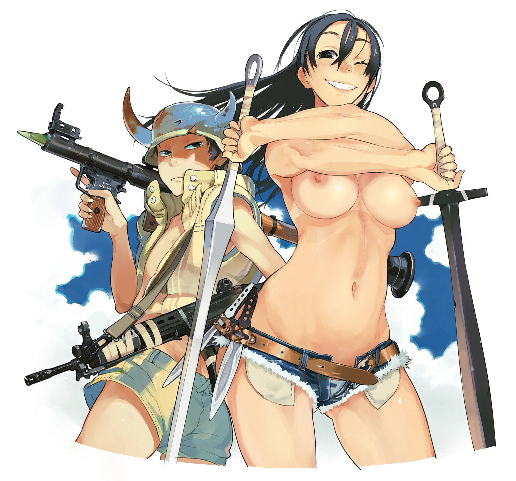 flavora2, bad id, bad pixiv id, highres, 1boy, 1girl, artistic error, assault rifle, black eyes, black hair, breasts, denim, denim shorts, dual wielding, fn fnc, fragmentation warhead, grin, gun, holding, holding gun, holding weapon, knife, large breasts, man-portable anti-tank systems, nipples, one eye closed, rifle, rocket-propelled grenade, rocket (projectile), rocket launcher, rpg, rpg-7, rpg (weapon), short shorts, shorts, smile, sword, topless female, trigger discipline, weapon, wink