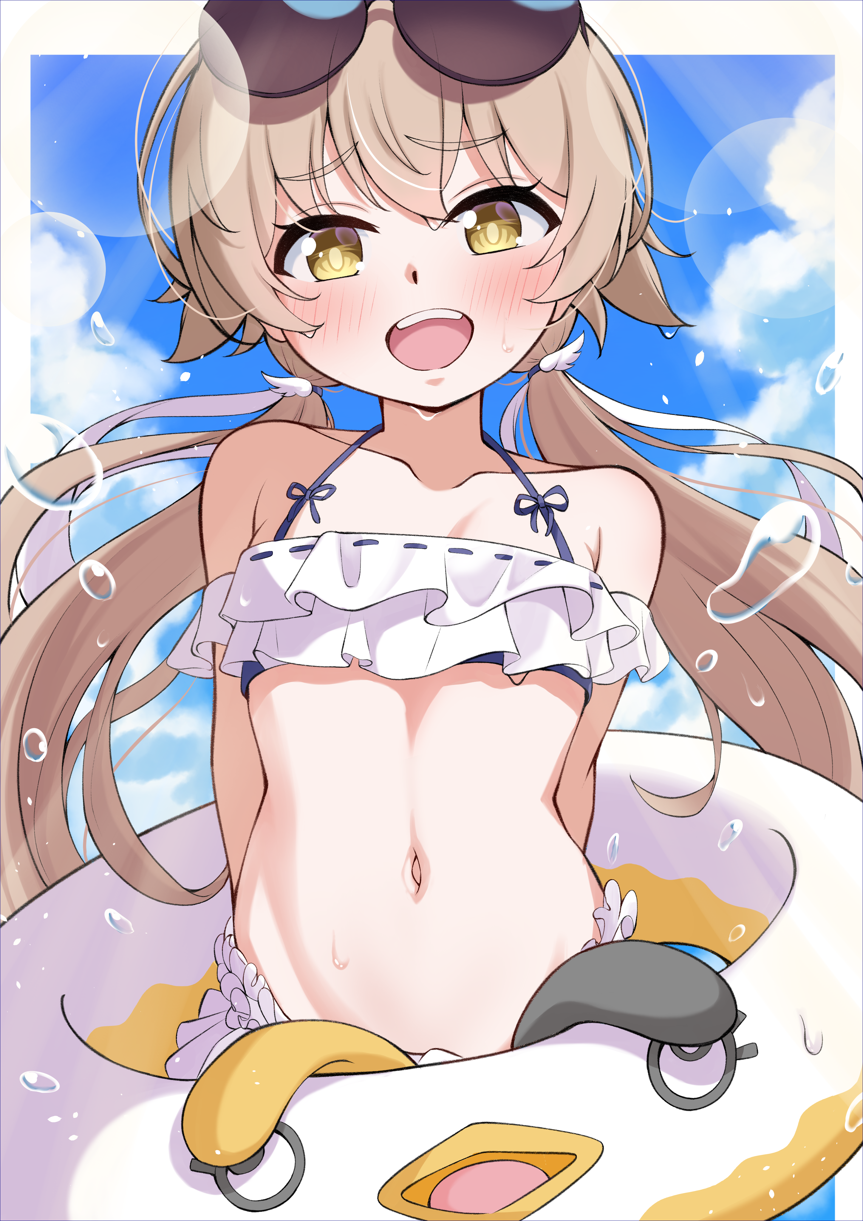 akanehiiro, hifumi (blue archive), hifumi (swimsuit) (blue archive), peroro (blue archive), blue archive, absurdres, commentary request, highres, 1girl, bikini, eyewear on head, frilled bikini, frills, hair ornament, halo, long hair, looking at viewer, low twintails, navel, off-shoulder bikini, off shoulder, official alternate costume, open mouth, ribbon-trimmed bikini, ribbon trim, round eyewear, ruffle bikini, smile, solo, sunglasses, swimsuit, teeth, twintails, upper teeth only, white bikini, wing hair ornament